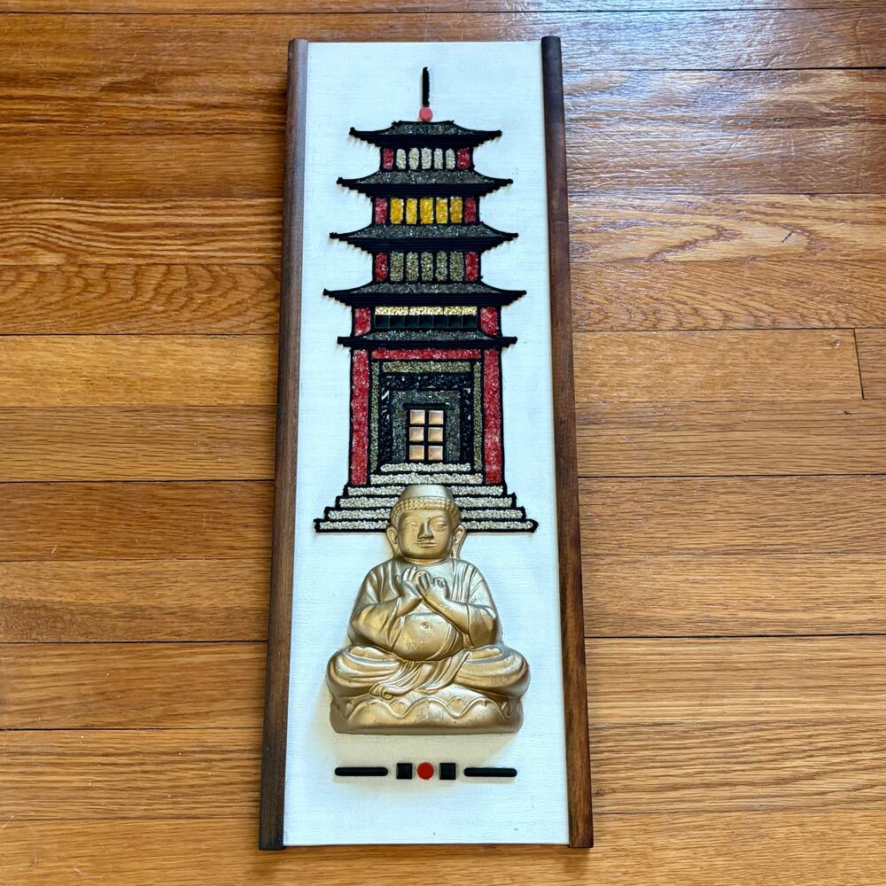 Vintage Asian Pagoda Buddha Gravel Art Wall Panel 24